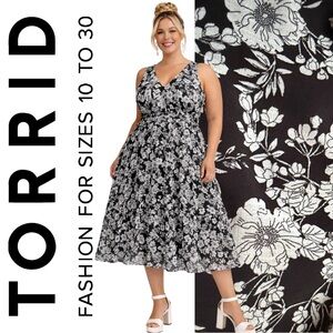 Torrid Black V-Neck Floral Ruffle Midi Dress, Large, NWT!